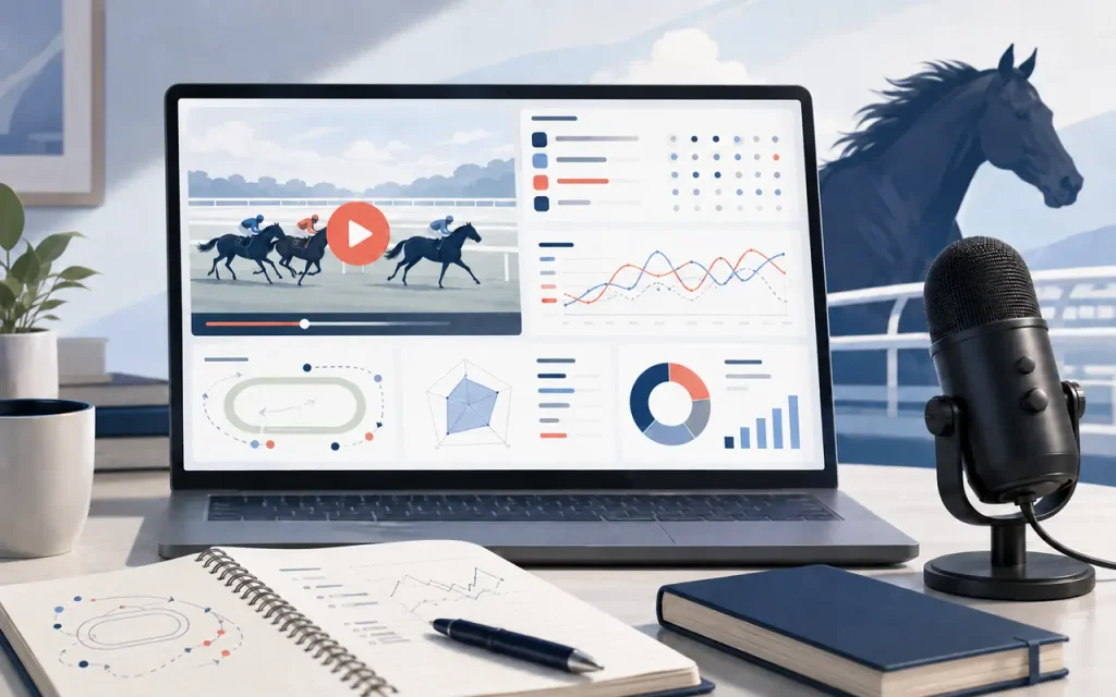 競馬予想の分析画面と配信用マイクを描いたYouTube解説のイメージ